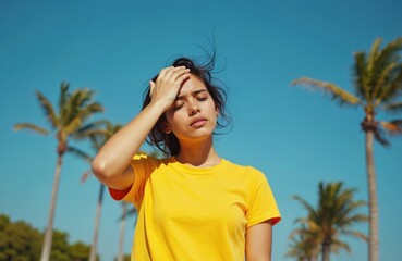 Young woman suffers from heatstroke on sunny vacation. Girl holds hand on head feeling unwell under hot weather. Tropical climate danger. Summertime risk of sunstroke.