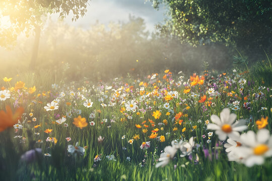 Sunlight filters through a vibrant meadow of wildflowers.
