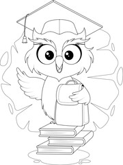 Owl with backpack sitting on books. School-themed coloring page for kids