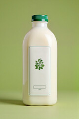 Plant-based milk in an eco-friendly bottle with a green cap, placed against a green background. The label features a minimalist plant design, emphasizing sustainability