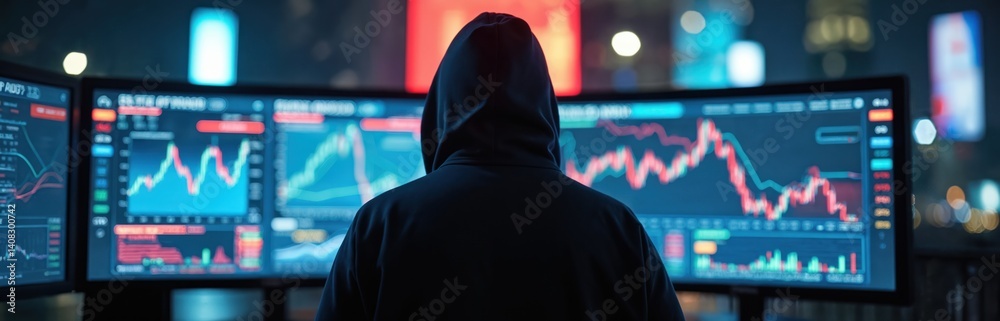 Poster Futuristic hacker analyzes stock market futures contracts on digital screens. Finance tech expert explores financial data graphs, charts. Cyber security, digital technology concept. Trading,