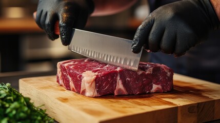 Butcher slicing fresh meat on a wooden block. Featuring skill and precision