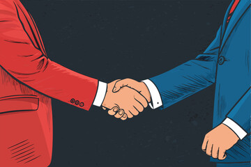 Powerful handshake between two smiling politicians; back view;  formal attire; political meeting; agreement.