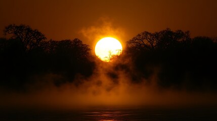 Obraz premium Sunrise over a misty river shrouded in trees.
