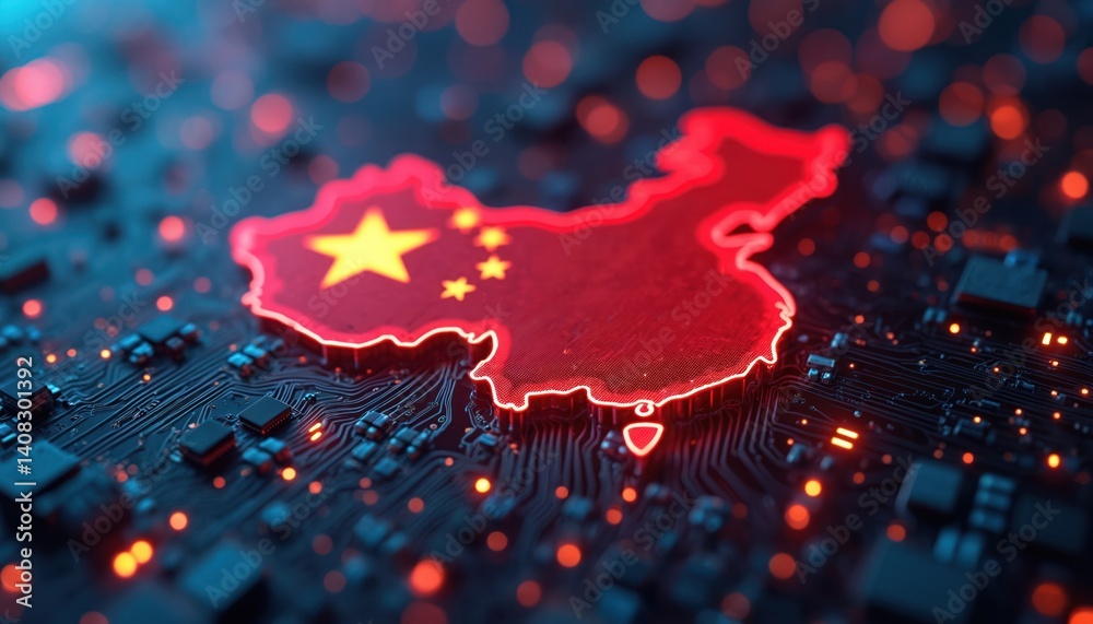 Aufkleber chinese flag in high-tech digital design. circuit board backdrop, data streams, glowing lines symbol