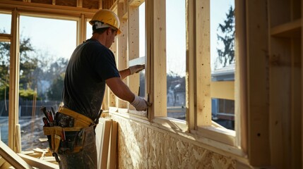Fototapeta premium Builder installing windows at a construction site. Featuring skill and focus