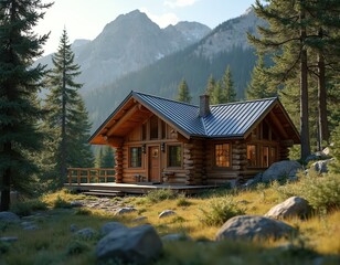 Fototapeta premium Wooden cabin in mountains. Rustic house with chimney near green forest and rocky mountain background. Nature landscape. Peaceful retreat, vacation home, rural area, getaway. Summer day.