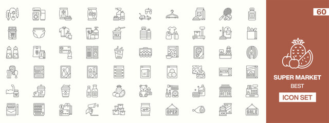 60 Editable Supermarket Icons: Diverse Line-Art Illustrations Representing Fruits, Vegetables, Diapers, Cleaning Supplies, Meat, and Store Signage for Retail Projects