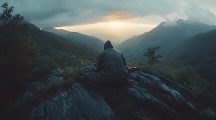 Solitary figure meditates on mountain peak at sunset.
