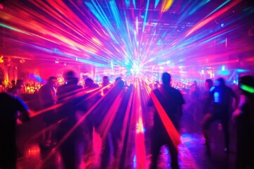 A vibrant nightclub scene with a large crowd enjoying the music and lights.