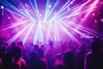 Crowd silhouettes at a concert bathed in vibrant purple and blue stage lighting.