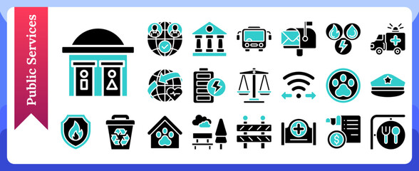 Public Services and Community Amenities Glyph Dual Tone Icon Set