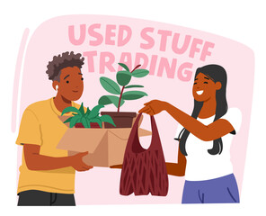 People engaged in used staff trading, exchanging and sharing via online flea market cartoon scene