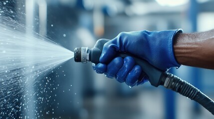 Worker cleaning using high pressure water jet in industrial facility
