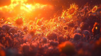 Fototapeta premium Golden sunset over a field of wildflowers.