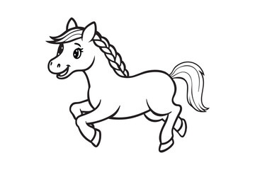 Line art illustration of a cartoon horse with a braid in its mane for kids coloring page.eps