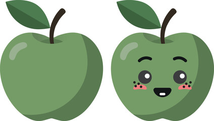 Green apple with kawaii eyes. Flat design vector illustration of green apple.