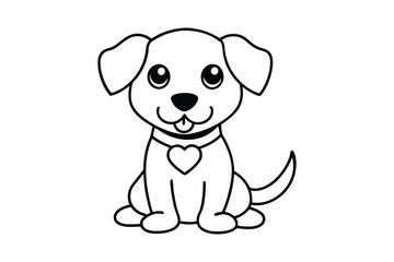 Fototapeta premium Line art illustration of a cartoon puppy wearing a collar with a heart tag for kids coloring page.eps