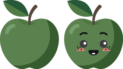 Green apple with kawaii eyes. Flat design vector illustration of green apple.