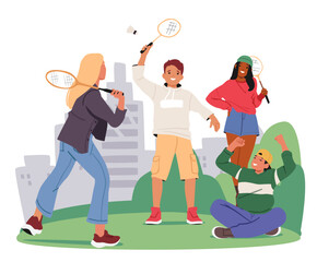 Happy friends playing badminton together spending time outdoors in city park cartoon scene