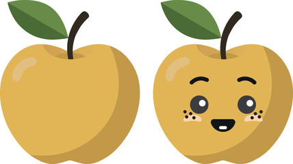 Yellow apple with kawaii eyes. Flat design vector illustration of yellow apple.
