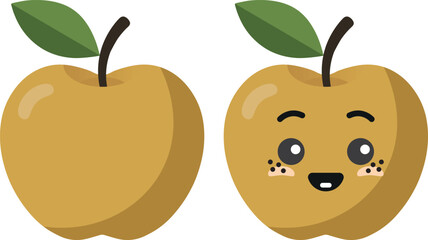 Yellow apple with kawaii eyes. Flat design vector illustration of yellow apple.
