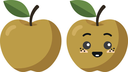 Yellow apple with kawaii eyes. Flat design vector illustration of yellow apple.