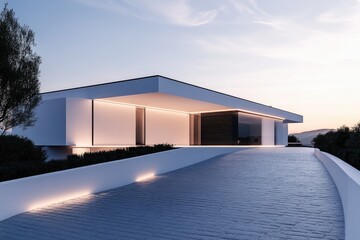 Modern minimalist house design with sleek lines, illuminated driveway, and serene landscape.