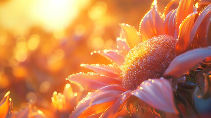 Fototapeta premium Sunrise illuminates a radiant sunflower field.