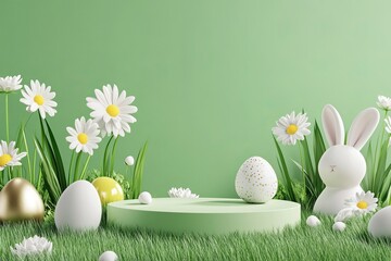 Easter scene with bunny eggs and daisies on a green background with a circular display stand