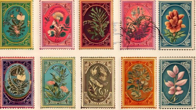 Detailed Floral Stamps with Vintage Aesthetic and Ornamental Borders