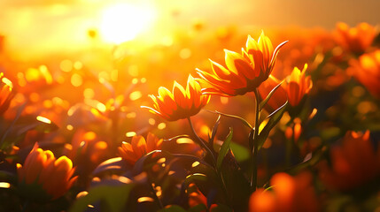 Golden sunset illuminates a field of orange tulips.