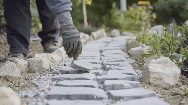 Landscaper installing a stone pathway in a garden. Featuring design and detail