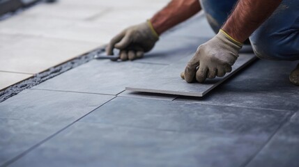 Builder laying tiles at a construction site. Featuring precision and skill