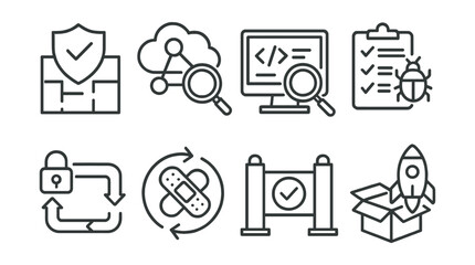 Line style icons of secure SDLC: secure design, threat modeling, code review, testing stage, CI/CD security, patch cycle, approval gate, release icon.