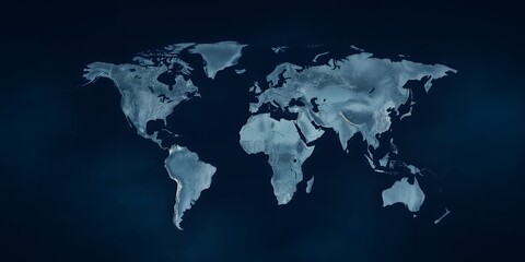 A world map in shades of blue against a dark background showing all the continents clearly