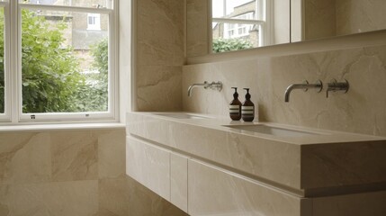 Fototapeta premium Modern bathroom design featuring elegant marble finishes and natural light in a stylish home