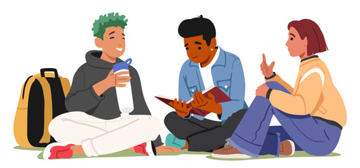 Group of teenage people cartoon characters sitting and talking, sharing news, having study break