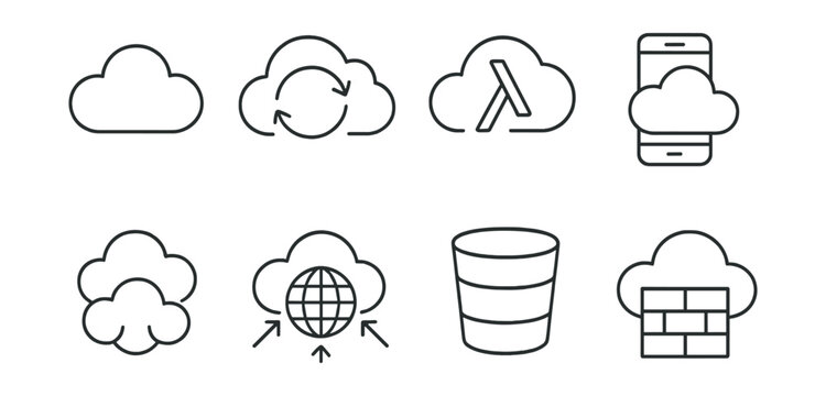 Line vector icons of cloud services: cloud icon, cloud sync, serverless function, cloud app, multi-cloud, CDN service, storage bucket, cloud firewall.