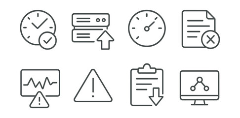 Set of icons: clock, server, speedometer, document, chart, warning, clipboard, computer.