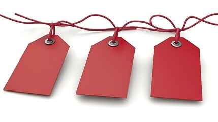 Three red price tags tied with strings against a white background.