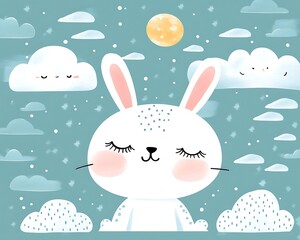 Cute Rabbit in Cloud Sky