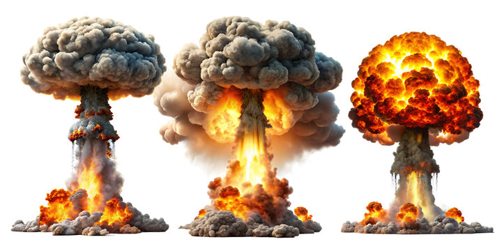 Set of nuclear explosions and mushroom cloud isolated on white backgroundPNG ai generated