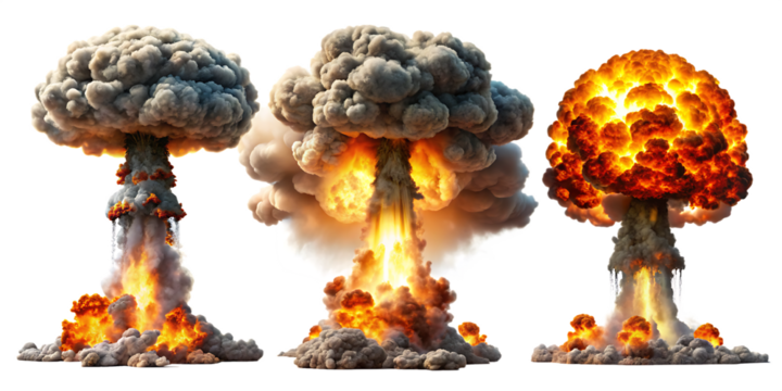 Set of nuclear explosions and mushroom cloud isolated on white backgroundPNG ai generated