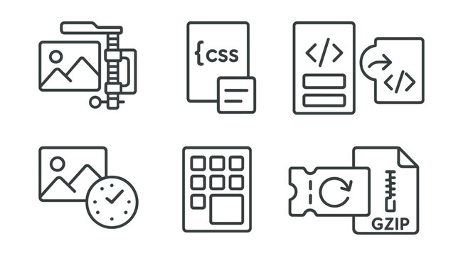 Line vector icons of asset optimization: image compressor, minified CSS, code bundler, preload tag, lazy image, sprite sheet, cache busting, GZIP icon.