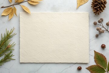 "Blank Paper on Marble with Autumn-Themed Natural Elements for Seasonal Design and Creativity"