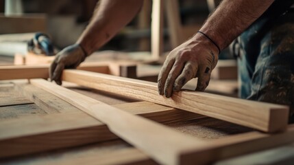 Carpenter assembling custom wooden door frames. Featuring attention to detail and craftsmanship