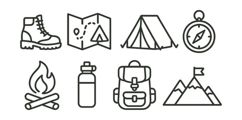 Line vector icons of hiking and adventure: hiking boots, trail map, tent icon, compass, campfire, water bottle, backpack, mountain peak.