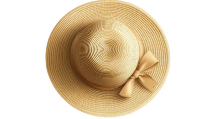 Straw sun hat with decorative ribbon, realistic shadowless top view, isolated on white, PNG format