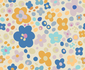 Fototapeta premium Seamless summer pattern of cute flowers of different colors on a yellow background for prints of clothes.eps